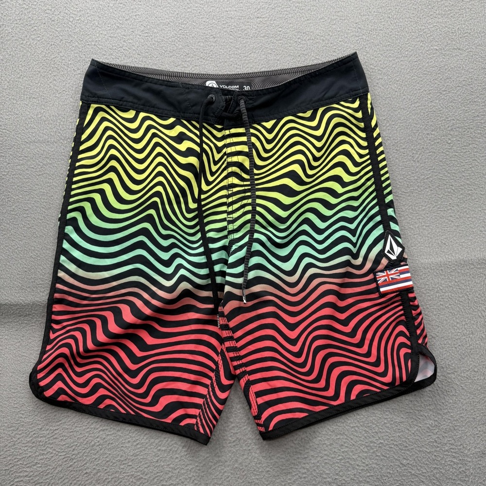 Volcom Board Shorts Mens 30 Multicolor Wavy Stripe Swim Trunks Surf Beach